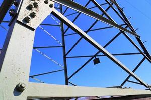 Close up view on a big power pylon transporting electricity in a countryside area photo