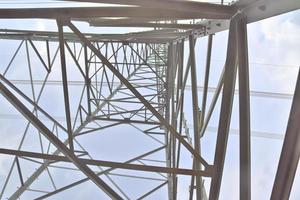 Close up view on a big power pylon transporting electricity in a countryside area photo