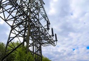 Close up view on a big power pylon transporting electricity in a countryside area photo