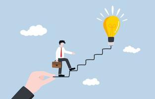 Mentorship for idea development in work, creativity assistance from expert in organization concept. Big hand turning electric wire of idea light bulb into stairway for businessman stepping up. vector
