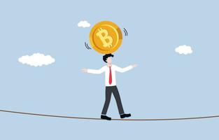 Bitcoin and cryptocurrency high volatility, risk management for fluctuation of digital financial asset concept. Businessman acrobat trying to maintain bitcoin on his head. vector