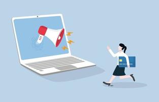 Online marketing strategy, reaching customer through social media, e-commerce website concept. Megaphone coming out laptop screen to telling promotion for woman customer with credit card. vector