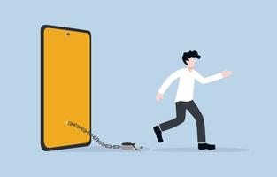 Reducing screen time for better health, balancing between virtual life and social life for wellbeing, overcoming social media addiction concept. Man stepping out of mobile phone after unlocking chain. vector
