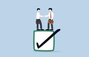 Successful business agreement, completing deal or  partnership, finish project with collaborating companies concept. Businessman handshaking on ticked checkbox. vector