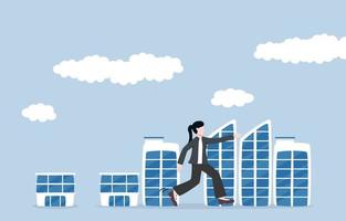 Business growth, business expansion, company development, or career growth concept. Successful businesswoman walking through small offices and going to larger office buildings. vector