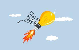 Creative idea to boost sales, marketing plan to reach more customers and increase profit concept. Shopping cart tied to bright idea light bulb rocket soaring high in sky.