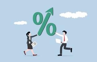 Work efficiency to grow percentage of business  profit, cooperation and motivation for more success concept. Businessman and businesswoman helping to hold percent up arrow symbol. vector
