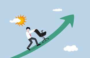 Work hard for career progress or job promotion, self motivation to become more successful at work, indomitable effort to reach target concept. Steadfast businessman pushing office up rising graph. vector