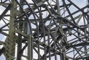 Close up view on a big power pylon transporting electricity in a countryside area photo