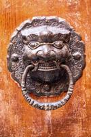 Detail of old metallic knocker or handle on the wooden door photo