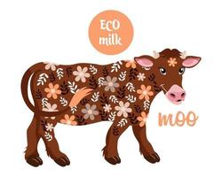 Illustration, cute cow in flowers and text eco milk, brown-beige colors. Print, clip art, vector