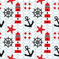 Nautical seamless pattern, anchor, lighthouse, lifebuoy, starfish and rudder on background with waves. Background, print, textile, wallpaper vector