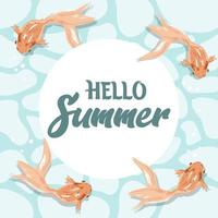 Summer illustration, drawn goldfish on the background of water and the text Summer time. Print, clip art, template vector