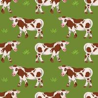 Seamless pattern, cute spotted cows on a green background with grass. Print, background, textile, cover.