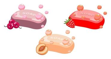 Fruit soap set, cherry, raspberry and peach soap with soap bubbles. Icons, decor elements, print, vector