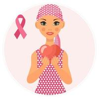 Cute girl in a headscarf, sick with cancer, holding a heart. Illustration for International Cancer Day. Clip art, poster, vector