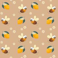 Seamless pattern, cute cartoon bees, lemons and white small flowers on a green background. Print, floral background, textile, wallpaper vector