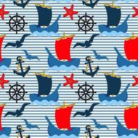 Nautical pattern, ships, anchors, lifebuoys and seagulls on a striped background. Summer seamless pattern, background, textile, print