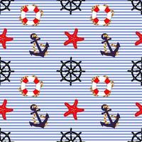 Nautical pattern, starfish, anchors and lifebuoys on a striped background. Summer seamless pattern, background, textile, print