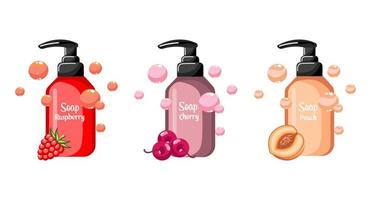 Set of fruit liquid soap bottles, cherry, raspberry and peach soap with soap bubbles. Icons, decor elements, print, vector