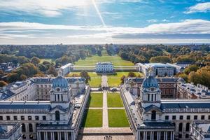 Panoramic aerial view of Greenwich Old Naval Academy by the River Thames