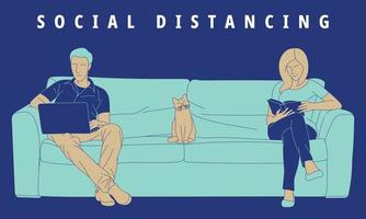 Ilustración de una joven pareja trabajando desde casa. distanciamiento social. vector