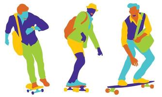 Young men traveling to work on skateboard