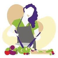 Young woman preparing salad for party. Vector illustration.
