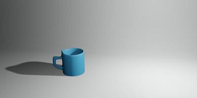 Representación 3D de una taza aislada sobre un fondo azul. foto