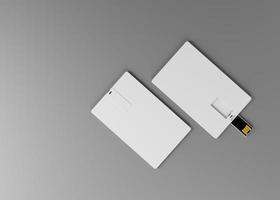 Blank white plastic wafer usb card design mockup, 3d rendering. Visiting a flash drive business card mock up. Disc gift presentation. photo