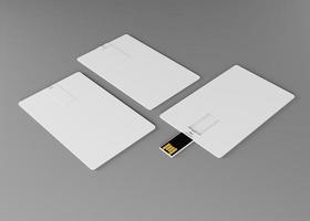 maqueta de diseño de tarjeta usb de oblea de plástico blanco en blanco, representación 3d. visitando una maqueta de tarjeta de visita de unidad flash. presentación de regalo del disco.