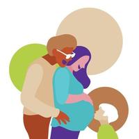 Husband hugged the pregnant wife and their son. Vector illustration.