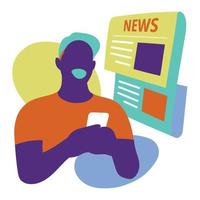 Young men reading newspaper or following news by smart phone vector