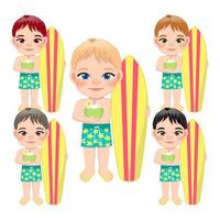 Beach boy in summer holiday. Kids holding surfboard and coconut juice cartoon character design vector
