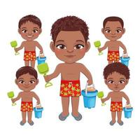 Beach black boy in summer holiday. American African kids holding sand bucket cartoon character design vector