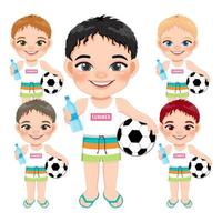 Beach boy in summer holiday. Kids holding football and water bottle cartoon character design vector
