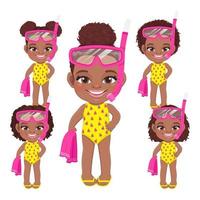 Beach black girl in summer holiday. American African kids holding towel and wearing scuba glasses cartoon character design vector