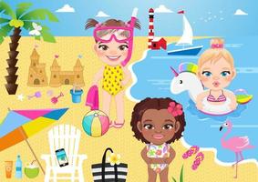 Group of girl kids having fun on beach. Child swimming with unicorn inflatable ring rubber, holding towel and wearing scuba glasses on the beach, build sand castle vector