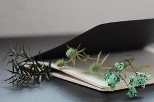 Artificial plants lying in notebook with blank white pages and black cover, horizontal photo, blurred background. Stationery, twig with leaves between paper sheets photo