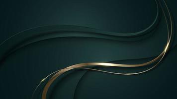 Abstract 3D luxury green color wave lines with shiny golden curved line decoration and glitter lighting on gradient dark background vector