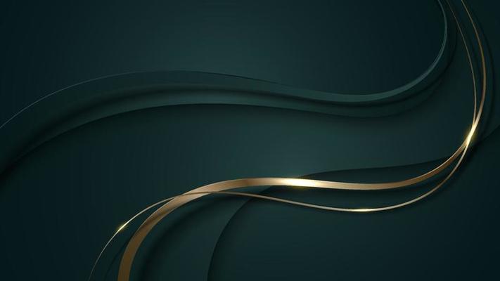 Abstract 3D luxury green color wave lines with shiny golden curved line decoration and glitter lighting on gradient dark background
