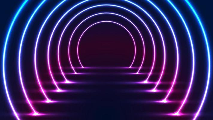 Abstract glowing neon lighting rounded tunnel walkway technology futuristic retro style