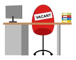 Vacancy chair sign in for job applicants. Empty place for candidates, vacant post announcement, hiring at unoccupied company position, free workplace. Recruitment agency vector concept.