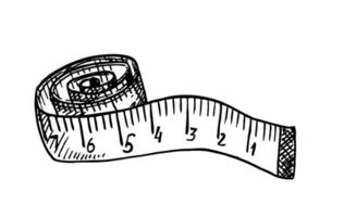 Rolled up tape measure sketch. Measuring tape. Sewing craft attribute, dressmaking workshop equipment. Diet, weight loss symbol. Length, size measurement tool. Professional tailor instrument vector