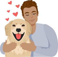 Young man hugging dog with love, cozy relaxing friendship of man and pet, sketch with red hearts. Boy and puppy.  Vector illustration