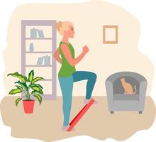 Woman exercising with a resistance band at home.  Workout with a resistance loop. vector