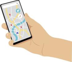 Hand with mobile phone with digital navigation. Mobile GPS navigation and tracking concept. Concept modern urban technology map with point, comfortable search vector