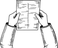 Hands with sketch sheet. Top view hands with sheet of paper, document vector