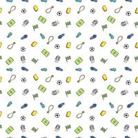 Seamless football pattern. Doodle football illustration with a soccer ball, championship cup, shoes, football field vector