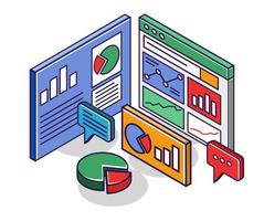 Flat isometric concept illustration. monitor data analysis diagram vector